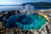 Steaming geothermal hot spring with vibrant turquoise water against rocky mountainous landscape and ocean backdrop, natural geological formation emitting vapor.