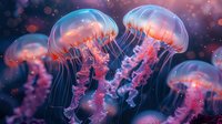Luminescent jellyfish floating in deep blue waters with glowing pink and purple tentacles against dark background create magical underwater atmosphere.