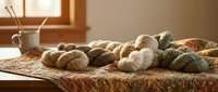 Colorful yarn balls and knitting needles arranged on woven textile near sunny window creating cozy crafting atmosphere for handmade projects and creative hobbies.