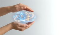 Two hands holding a glowing holographic house with digital percentage symbols, representing real estate investment, property valuation, smart home technology, and financial growth in housing market.