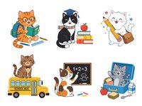 Cartoon cats reading books, studying math, holding pencils and school supplies on white background. Isolated clipart collection suitable for educational materials, children's designs, t-shirts and stickers.