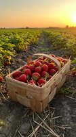 Fresh strawberries in wooden basket at sunrise on farm field with golden light creating warm agricultural harvest scene for organic farming concepts.