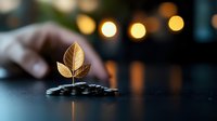 Golden leaves growing from stack of coins with blurred bokeh lights in background, symbolizing sustainable financial growth and green investment strategies.