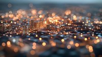 Modern cityscape with glowing bokeh lights creating dreamy atmosphere at dusk, urban buildings silhouetted against warm illuminated background with defocused elements.