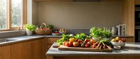 Modern kitchen counter with fresh organic vegetables and herbs displayed on wooden cutting board in warm natural lighting for healthy cooking.