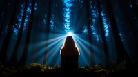 Young woman silhouette sitting alone in mystical forest with bright divine light rays breaking through trees, creating spiritual atmosphere in dark woods.