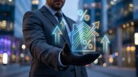 Professional businessman holding holographic financial growth charts with upward arrows and percentage symbols in urban evening setting for business success concepts.
