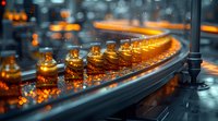 Glowing amber glass bottles on curved industrial production line with bokeh lights create atmospheric manufacturing scene perfect for business and industry concepts.