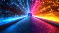 Futuristic light tunnel with vibrant blue, pink and orange glowing particles creating dynamic motion effect. Abstract digital background for technology concepts.