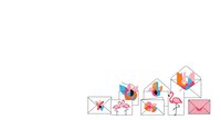 Isolated colorful envelope icons with charts, graphs, and flamingo elements on white background, ready for email marketing and business design projects.