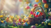 Colorful Easter eggs in woven basket surrounded by spring flowers and soft bokeh lights in garden setting, festive holiday celebration background.