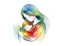 Watercolor mother embracing child in tender moment with flowing colorful paint effects on white background for motherhood designs.