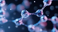 Molecular structure visualization with glowing blue and pink atoms connected in crystal formation against dark background with bokeh effect.