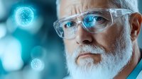 Senior Caucasian scientist with white beard wearing protective glasses observes glowing blue molecular structure in modern laboratory environment. Scientific research concept.