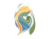 Stylized mother holding baby silhouette with flowing hair in soft pastel colors representing maternal love, motherhood and family bonding on white background.