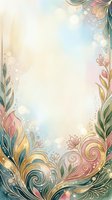 Elegant watercolor floral frame with gold swirls, pink blooms, and green leaves on a soft pastel bokeh background with copy space.
