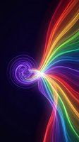 Abstract rainbow spiral energy burst with vibrant neon colors flowing in dynamic swirls on dark background for digital art and creative projects.