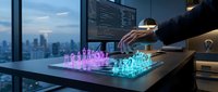 Businessman analyzing holographic data visualization and digital analytics in modern office with city skyline view during evening hours.