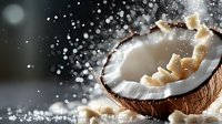 Fresh coconut half with splashing milk and flying pieces of white pulp on dark background with water drops and dramatic lighting effect.