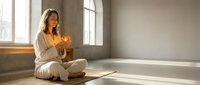 Young Asian woman in white clothing sitting cross-legged on yoga mat holding glowing orb of light in peaceful meditation pose by window in minimalist room.