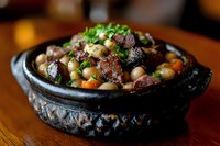 Hearty beef stew with tender meat chunks, white beans, and fresh herbs served in rustic black clay pot on wooden table, selective focus on meat and vegetables.