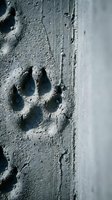 Dog paw print impression in wet sand at beach shore with ocean wave foam creating natural texture pattern for pet and animal themed designs.