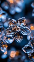 Crystal glass flower with six petals reflecting warm light against dark blue background with bokeh effects, creating elegant luxury atmosphere.
