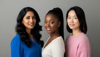 Three diverse professional women smiling confidently in business attire against neutral background for corporate teamwork and workplace diversity concepts.