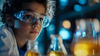 Young mixed race boy in safety glasses conducts chemistry experiment in laboratory with test tubes and glassware. Blue bokeh background creates scientific atmosphere.