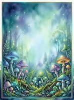 Enchanted forest clearing with glowing mushrooms, luminescent plants, and magical light rays filtering through misty woodland canopy, suitable for fantasy illustrations and children's book artwork.