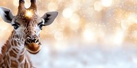 Young giraffe portrait with gentle expression against soft golden bokeh background, close up view of spotted pattern and long eyelashes creates magical mood.