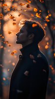 Silhouette of young man in coat against autumn sunset with falling maple leaves creating magical atmosphere. Golden backlight highlights flying foliage and hair.