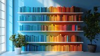 Books arranged by color spectrum on white shelves creating rainbow gradient effect near window with natural light and decorative potted plants, modern interior design.