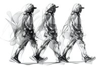 Walking man sequence in dynamic motion, artistic black and white sketch style showing movement and flow. Multiple poses capture progressive steps in minimalist line art.