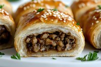 Flaky puff pastry rolls filled with seasoned ground meat and mushrooms, topped with sesame seeds and fresh herbs, showcasing layered texture and golden crust.