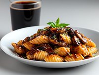 Gnocchi pasta in sweet and savory Asian-inspired sauce garnished with fresh basil leaves, served on white plate with dark beverage in background.