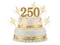 Elegant two-tier celebration cake with gold number 250 topper and sparkler candles on white background, perfect for milestone anniversaries, birthdays, and festive event designs.