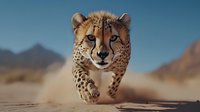 Majestic cheetah running through desert landscape with mountains in background, focused predator expression, spotted coat detail in motion, dramatic lighting.