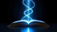 Open book with glowing blue digital DNA helix spiral emerging from pages against dark background for science education and genetic research concepts.