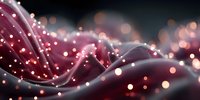 Abstract burgundy fabric waves with glowing white dots and bokeh lights on dark background, creating dreamy atmospheric effect for luxury design projects.