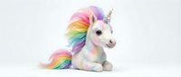 Adorable white unicorn toy with rainbow mane and tail sitting on white background, isolated magical fantasy creature for children's designs and decorations.