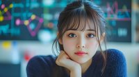 Young Asian woman with bangs and soft makeup wearing navy blue sweater rests chin on hand while gazing thoughtfully, colorful bokeh lights create dreamy atmosphere in background.