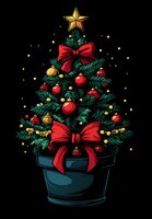Festive miniature Christmas tree in pot decorated with red bows, gold star topper, red and gold ornaments, and string lights against dark background.