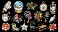 Vintage Christmas decorations collection with snow globe, lantern, ornaments, reindeer, poinsettia, sleigh, compass, gift box, and festive elements isolated on transparent background for holiday designs, t-shirts, and print-on-demand projects.
