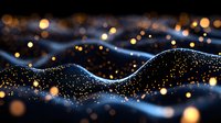 Glowing abstract wave pattern with golden bokeh lights and sparkling particles flowing on dark background, creating magical atmosphere.