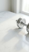 Chrome dumbbell resting on white marble surface in bright, minimalist gym space with natural window light for fitness and wellness content.