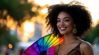 Young African American woman with natural curly hair smiling outdoors at sunset, holding colorful rainbow fan, wearing boho style top and gold earrings, expressing joy and confidence.