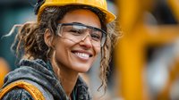 Happy African American female construction worker wearing yellow hard hat and safety glasses smiling at camera on industrial job site for workplace safety.