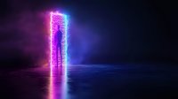 Glowing neon doorway with pink and blue light effects on dark background, mystical portal with smoke and reflection on wet surface creates futuristic atmosphere.