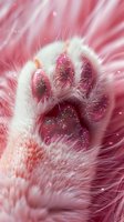Glittery pink cat paw with soft white fur macro photography on pink background with sparkles and magical atmosphere, close up view of feline footpad.